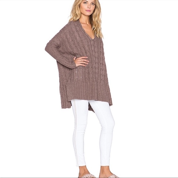 Free People | Oversized Cableknit Sweater in Mushroom - Picture 3 of 11